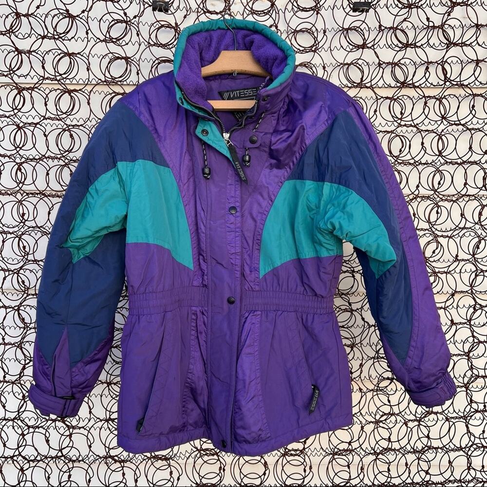 Vintage VITESSEE teal purple color block ski parka with elastic cinched waist